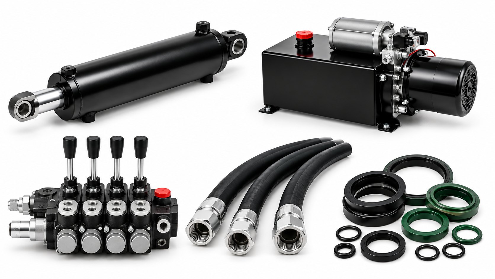 Arm roll hydraulic spare parts supplied by Track Con Trading, including a cylinder, power unit, control valves, hoses, fittings and seals.