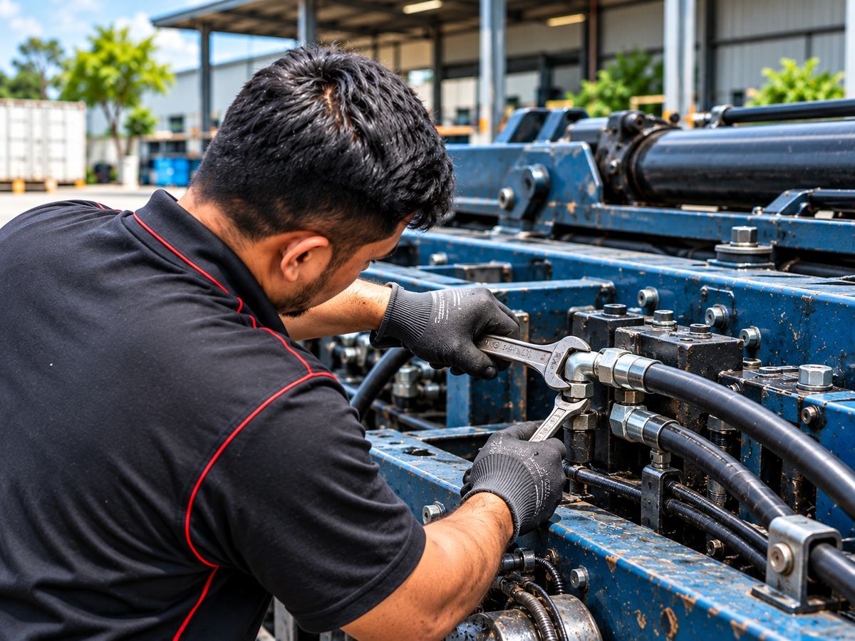 Track Con Trading technician servicing an arm roll hydraulic fitting with spanners during hydraulic system repair.